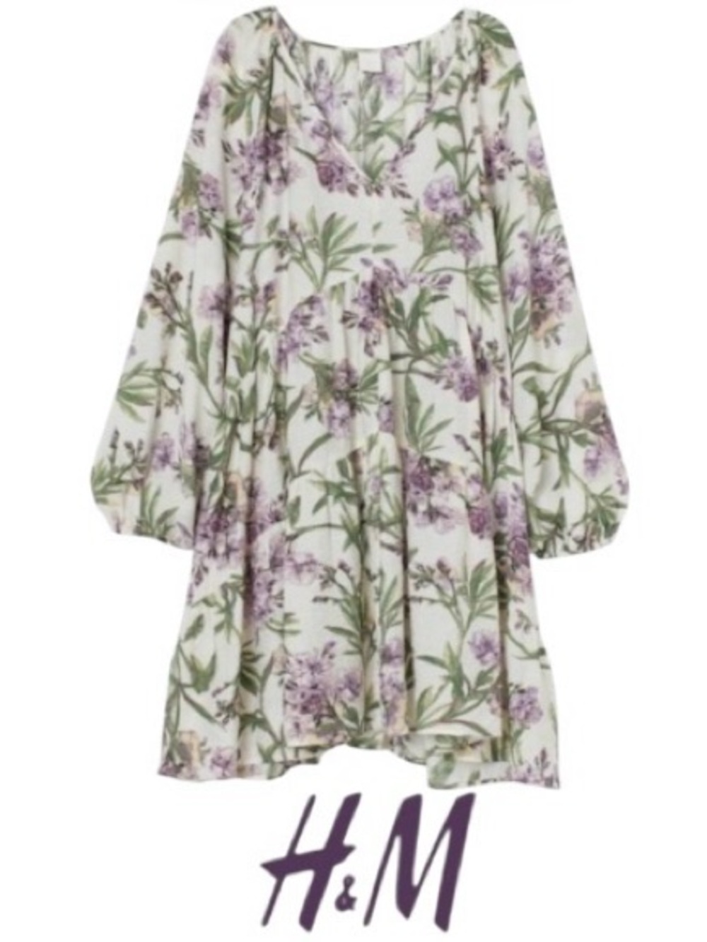 XXL H&M Swingy Short Botanical Print Dress with Balloon Sleeves, NWT